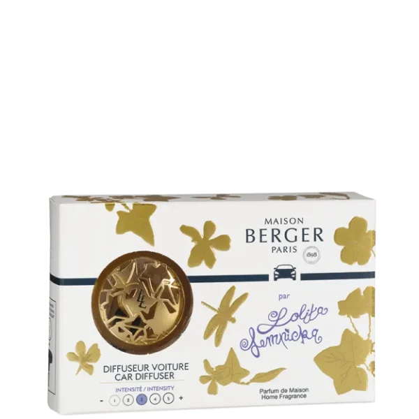 Difusor para automóvel Maison Berger, em edição com padrão floral dourado, dentro da embalagem.